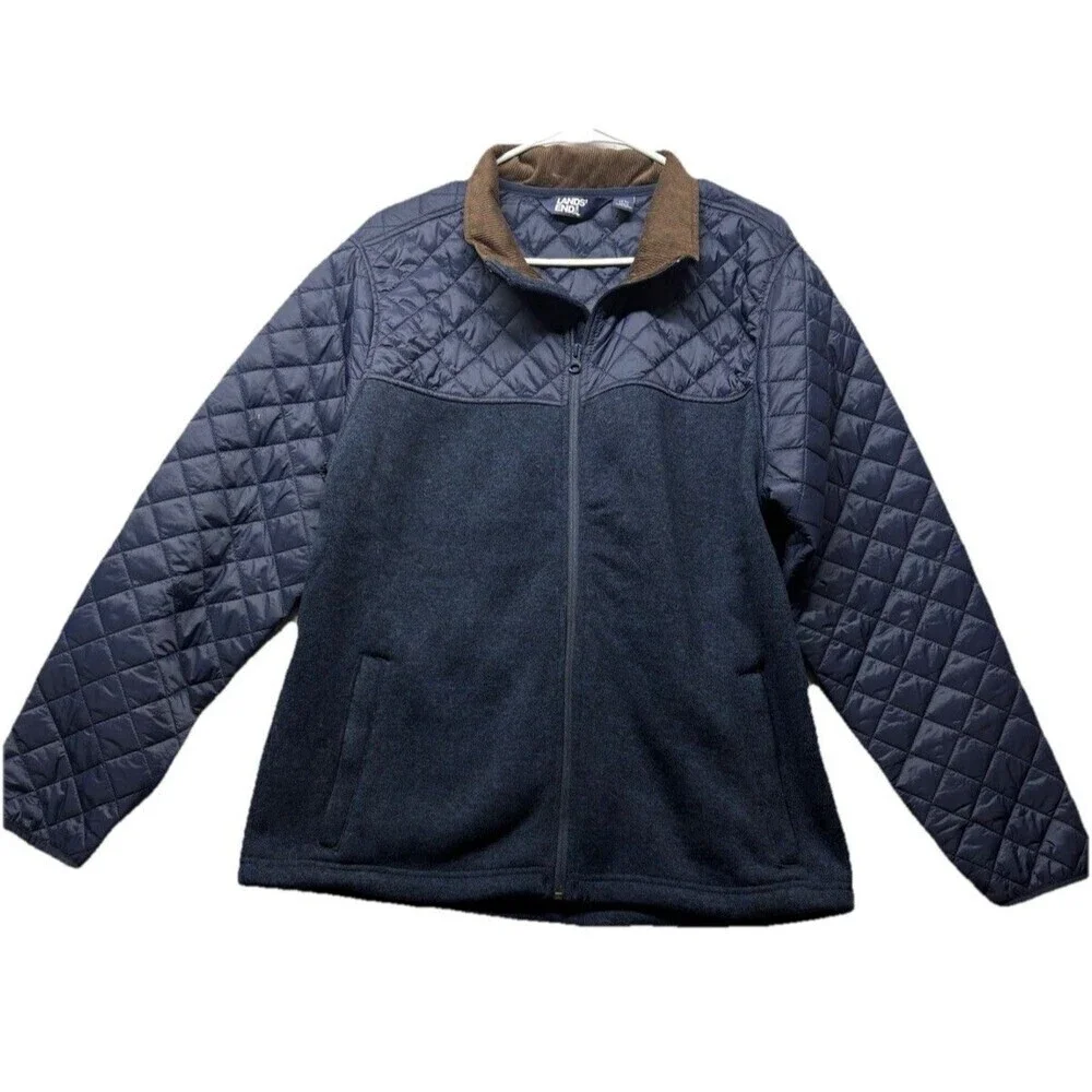 Mens Lands End Navy Blue Quilted Sweater Jacket Full Zip Size M Corduroy Barn